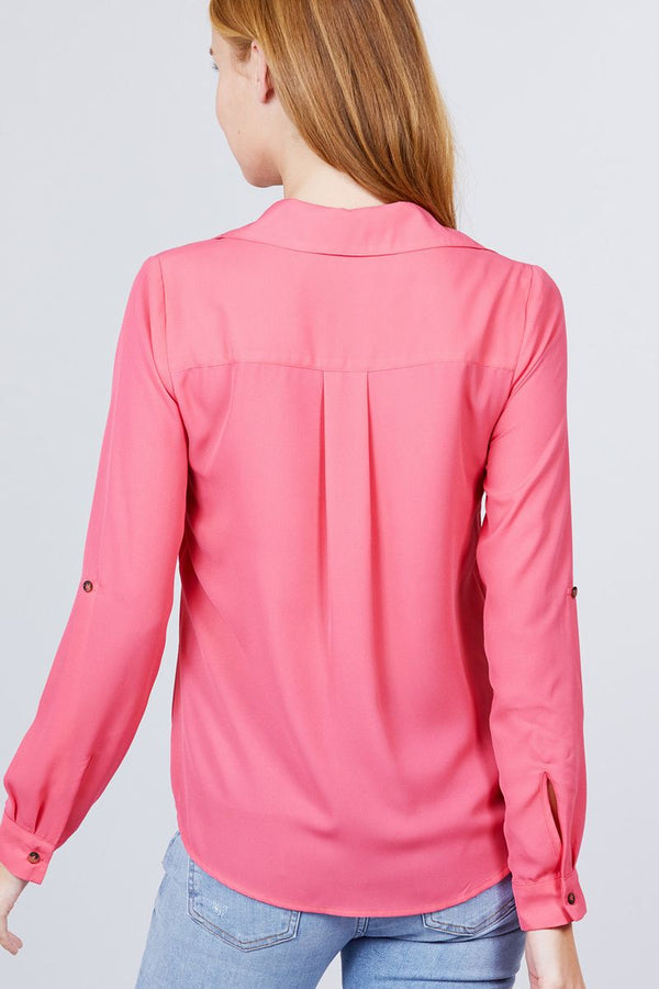 3/4 Roll Up Sleeve Pocket W/Zipper Detail Woven Blouse - Women's Blouse - SmartBuyApparel