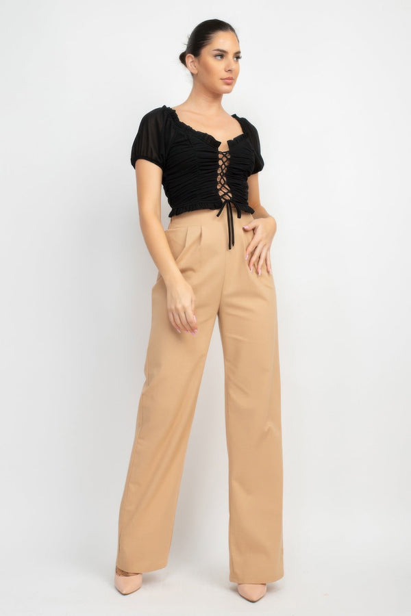 Back Shirred Ruffled Lace - up Crop Top - Women's top - SmartBuyApparel
