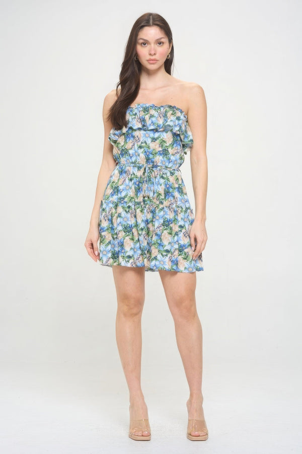 Berry Flower Ruffle Tube Top Mini Dress - Dress - SmartBuyApparel