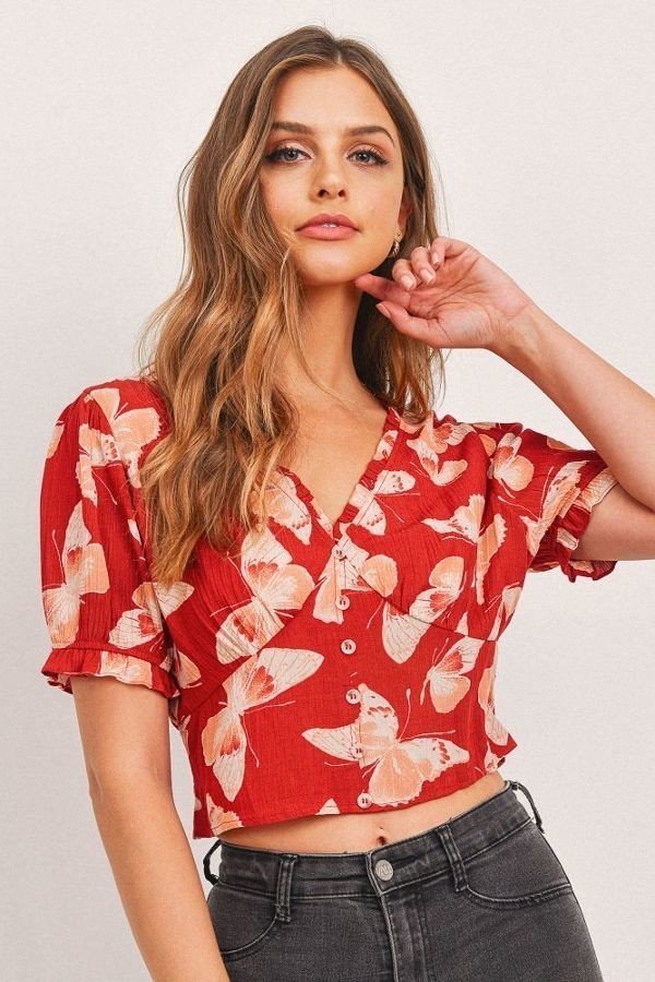 Butterfly V - neck Smocked Back Crop Top - Women's top - SmartBuyApparel