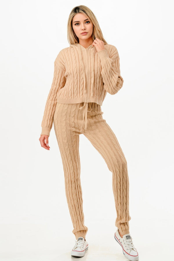 Cable Hoodie Sweater 2pcs Set - Set - SmartBuyApparel