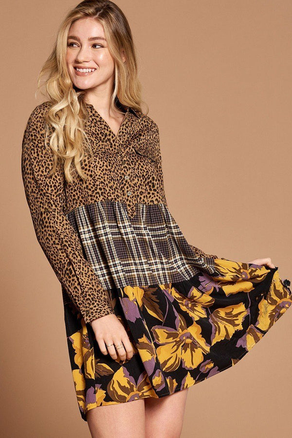 Cheetah Print Button - Down Collard Shirt Dress - Dress - SmartBuyApparel