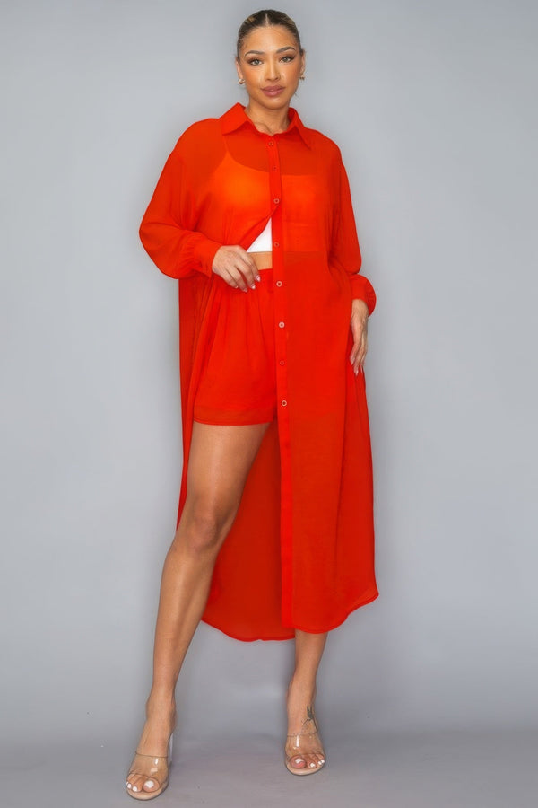 Chiffon Button Down Long Sleeve Side Slit Long Top With Shorts Set - Women's set - SmartBuyApparel