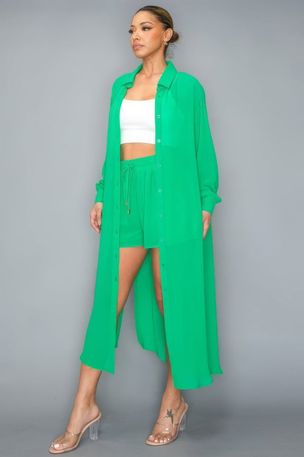 Chiffon Button Down Long Sleeve Side Slit Long Top With Shorts Set - Women's set - SmartBuyApparel