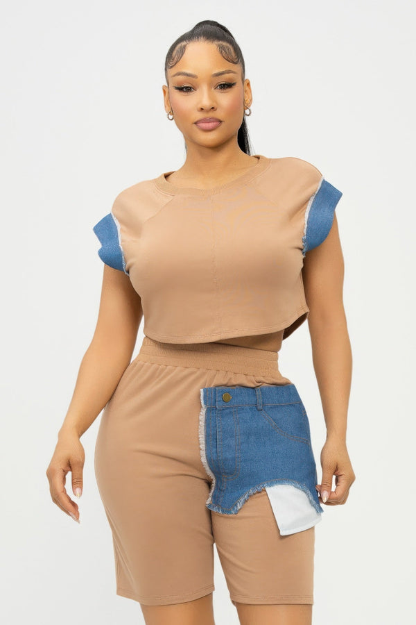 Color Block Denim Sleeve Top And Biker Shorts Set - Women's set - SmartBuyApparel