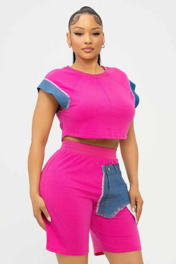 Color Block Denim Sleeve Top And Biker Shorts Set - Women's set - SmartBuyApparel