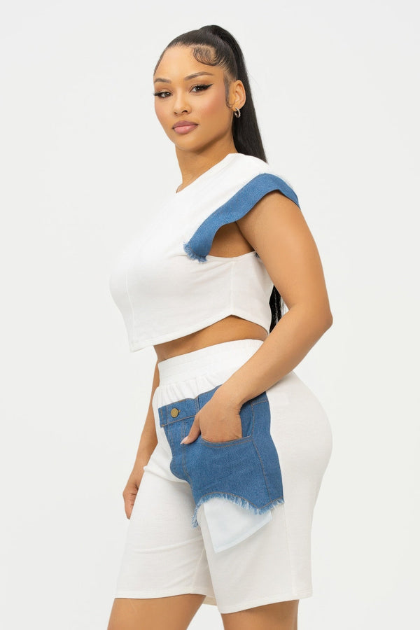 Color Block Denim Sleeve Top And Biker Shorts Set - Women's set - SmartBuyApparel