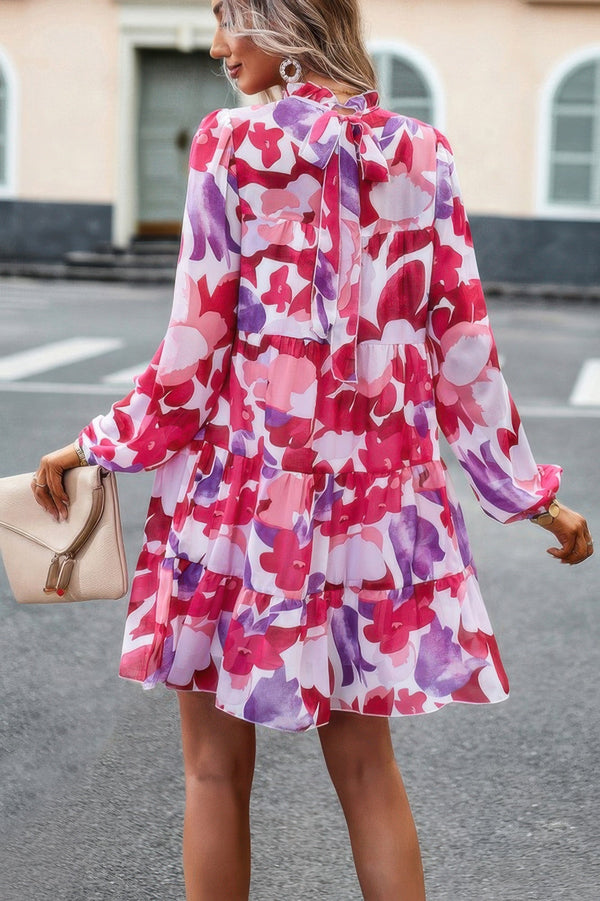 Color Block Hem Ruffle Printing Loose Fit Midi Dress - | SmartBuyApparel
