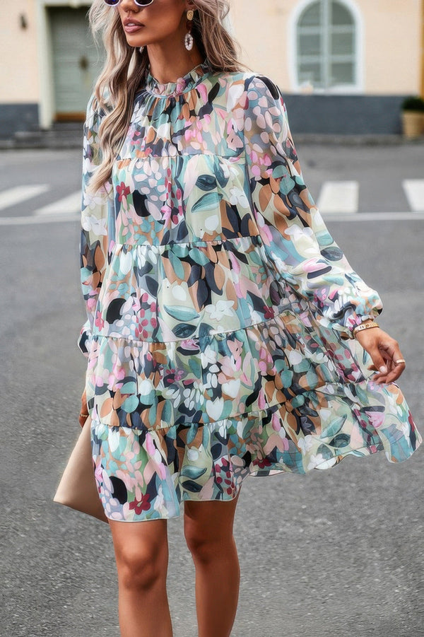 Color Block Hem Ruffle Printing Loose Fit Midi Dress - | SmartBuyApparel