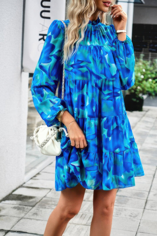 Color Block Hem Ruffle Printing Loose Fit Midi Dress - | SmartBuyApparel