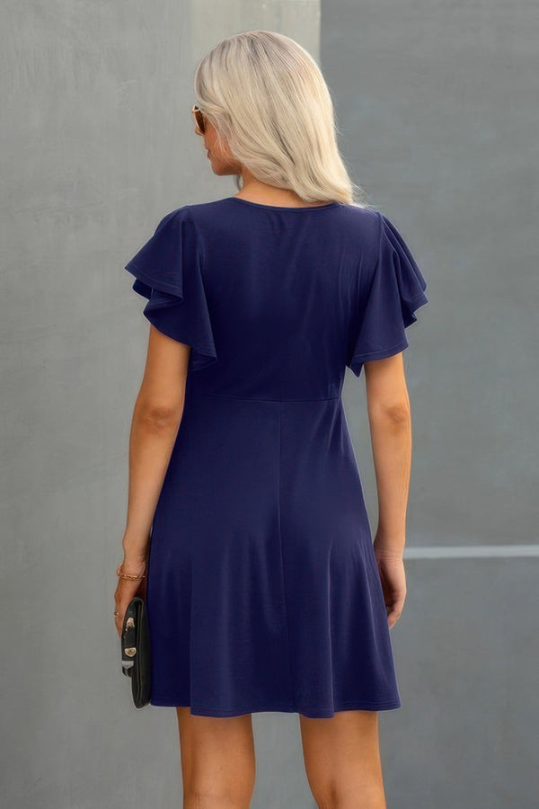 Crew Neck Ruffled Short Sleeve Solid Dress - | SmartBuyApparel