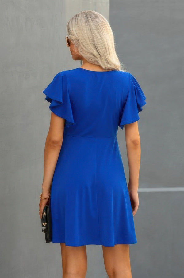 Crew Neck Ruffled Short Sleeve Solid Dress - | SmartBuyApparel