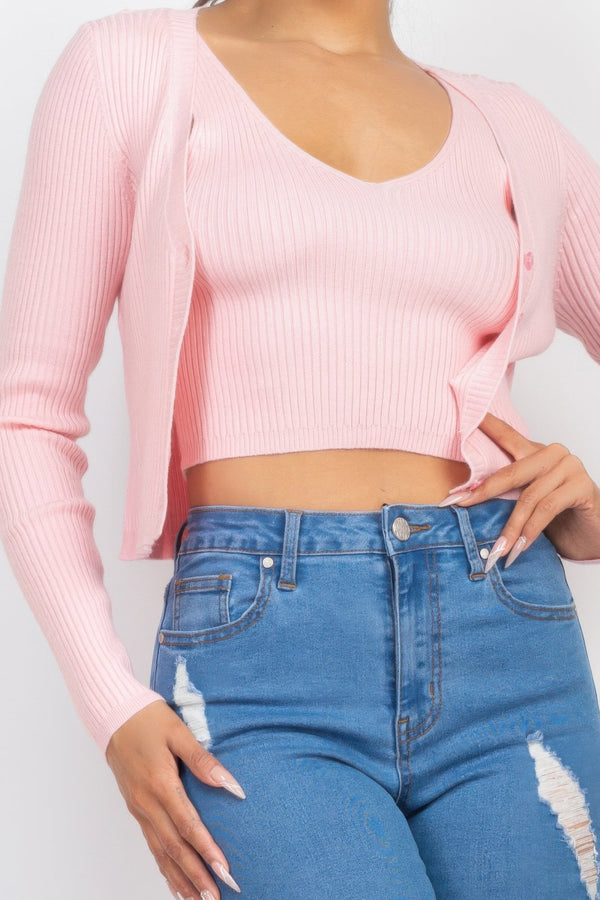 Crop Tank Top & Cardigan Sweater Set - Women's sweater - SmartBuyApparel
