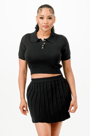 Cropped Polo Sweater Shirt And Skirt Set - | SmartBuyApparel