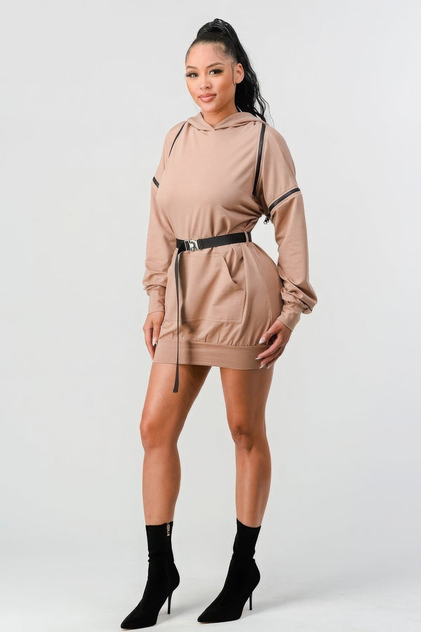 Double Zipper Long Sleeve Hooded Mini Dress - Dress - SmartBuyApparel
