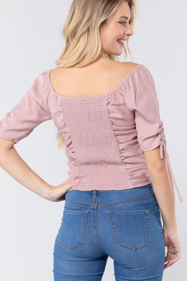 Elbow Sleeve Smocked Ruched Woven Top - Women's top - SmartBuyApparel