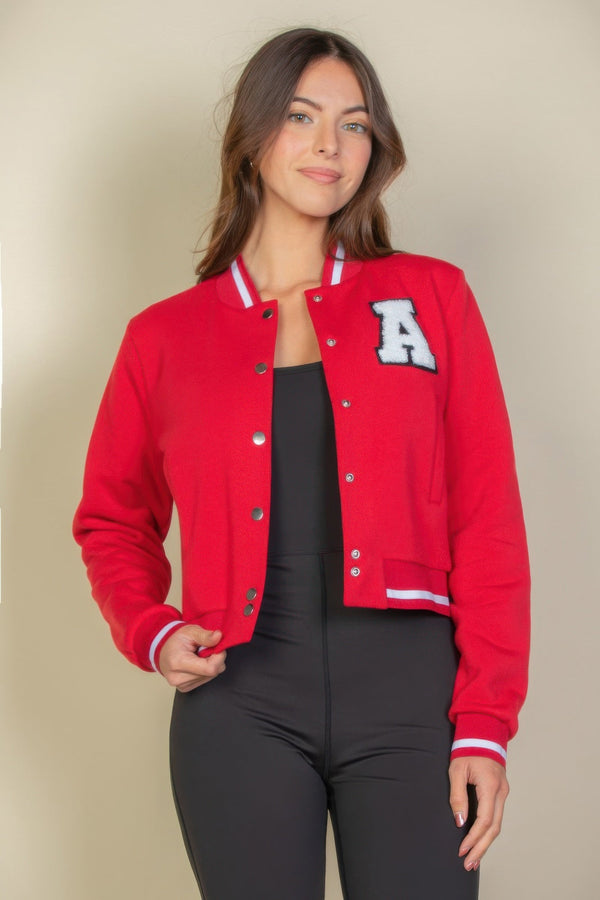 Ezwear Letter Patched Crop Varsity Jacket - Outerwear - SmartBuyApparel