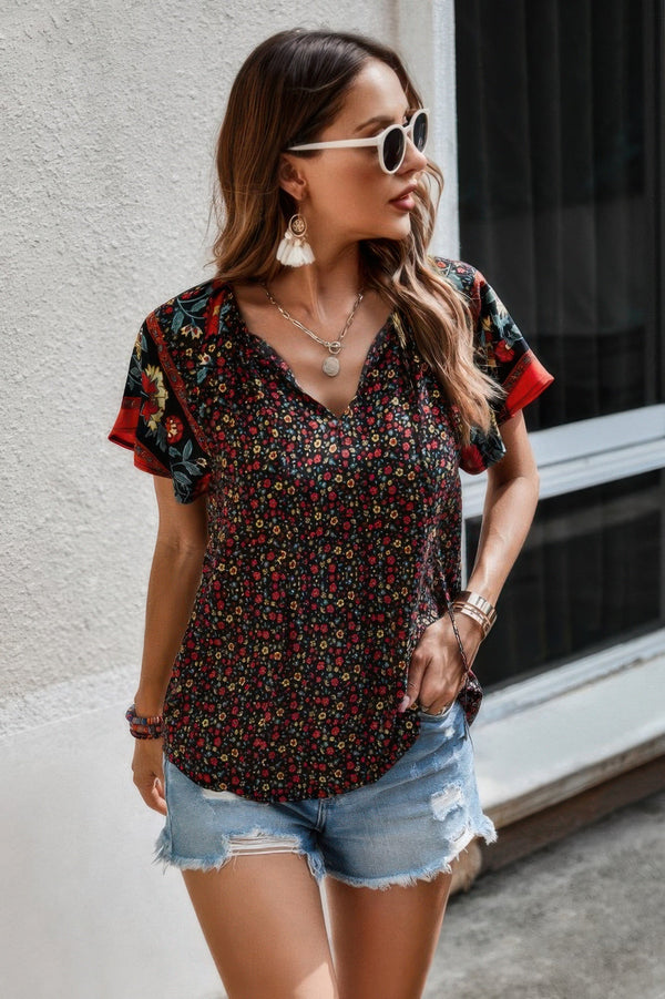 Floral Boho Ruffle V Neck Short Sleeve Loose Shirt - | SmartBuyApparel