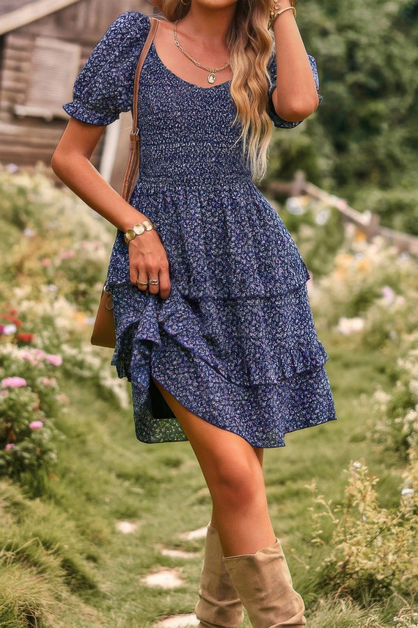 Floral Print Fit Short Sleeve A Line Dress - | SmartBuyApparel