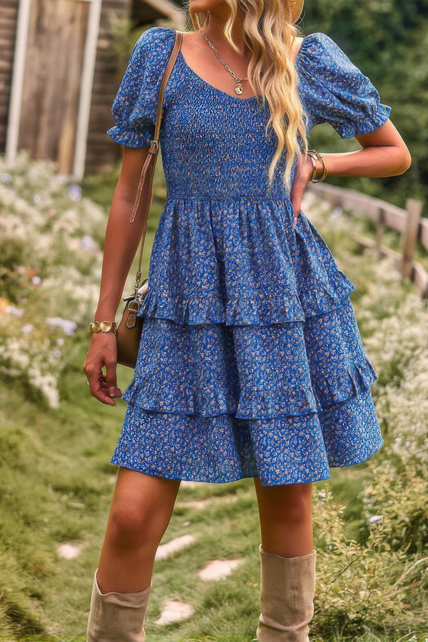 Floral Print Fit Short Sleeve A Line Dress - | SmartBuyApparel