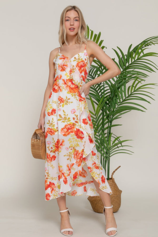 Floral Print Ruffle Slip Midi Dress - Dress - SmartBuyApparel