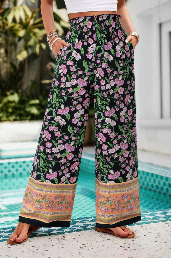 Floral Print Wide Stright Leg Pockets Elastic Pant - | SmartBuyApparel
