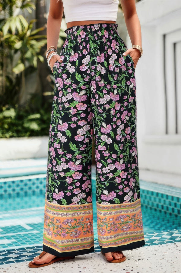 Floral Print Wide Stright Leg Pockets Elastic Pant - | SmartBuyApparel