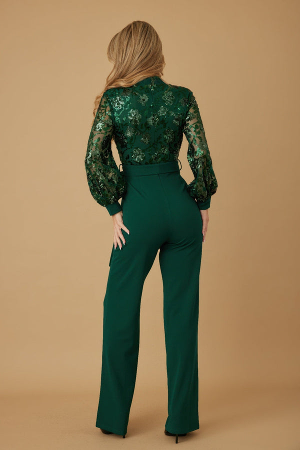 Flower Vein Sequin Print Jumpsuit - Jumpsuit - SmartBuyApparel