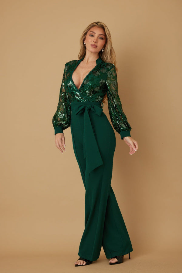 Flower Vein Sequin Print Jumpsuit - Jumpsuit - SmartBuyApparel