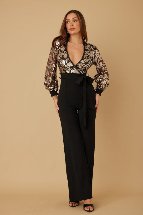 Flower Vein Sequin Print Jumpsuit - Jumpsuit - SmartBuyApparel