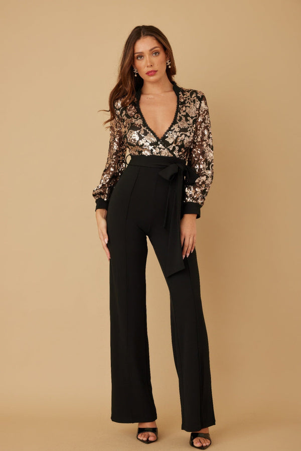 Flower Vein Sequin Print Jumpsuit - Jumpsuit - SmartBuyApparel