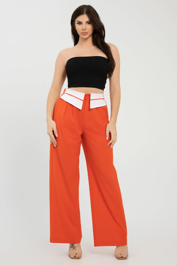 Front Button Fold - over Inside Zipper Pants - Women's Pants - SmartBuyApparel
