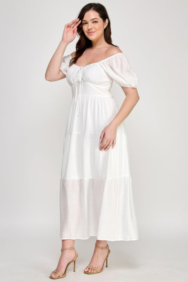 Front Tie Puff Sleeve Tired Maxi Dress - | SmartBuyApparel