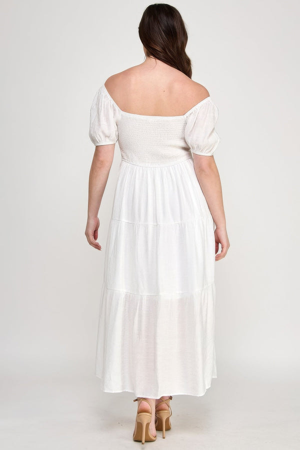 Front Tie Puff Sleeve Tired Maxi Dress - | SmartBuyApparel