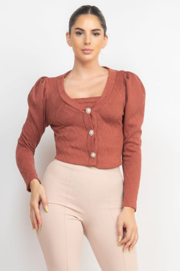 Geometric Cami Puff Sleeves Blazer Top Set - Women's set - SmartBuyApparel