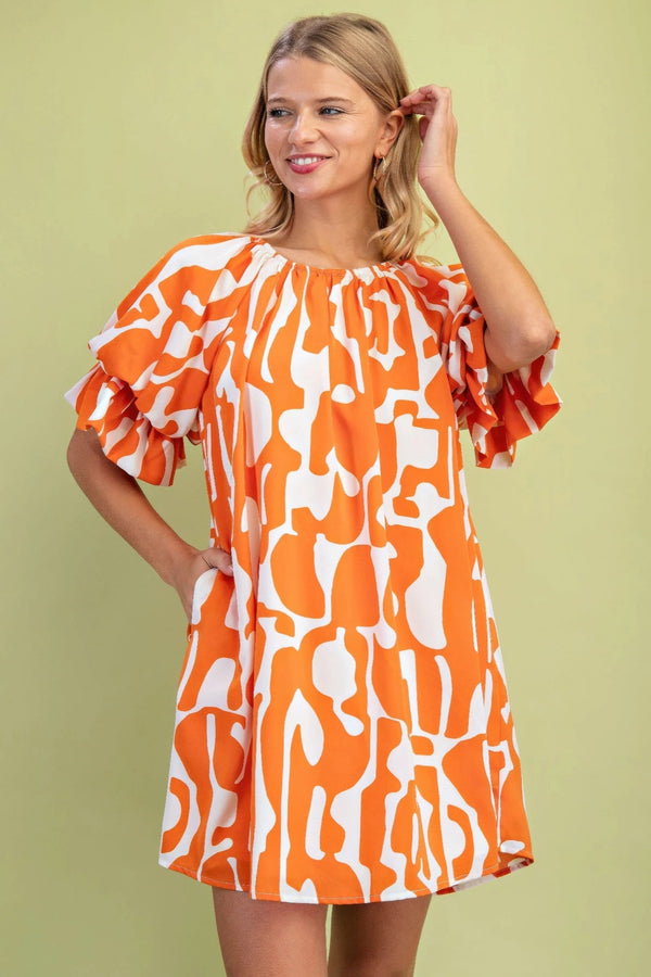 Geometric Print Loose Fit Mini Dress With Gathered Balloon Sleeves - | SmartBuyApparel