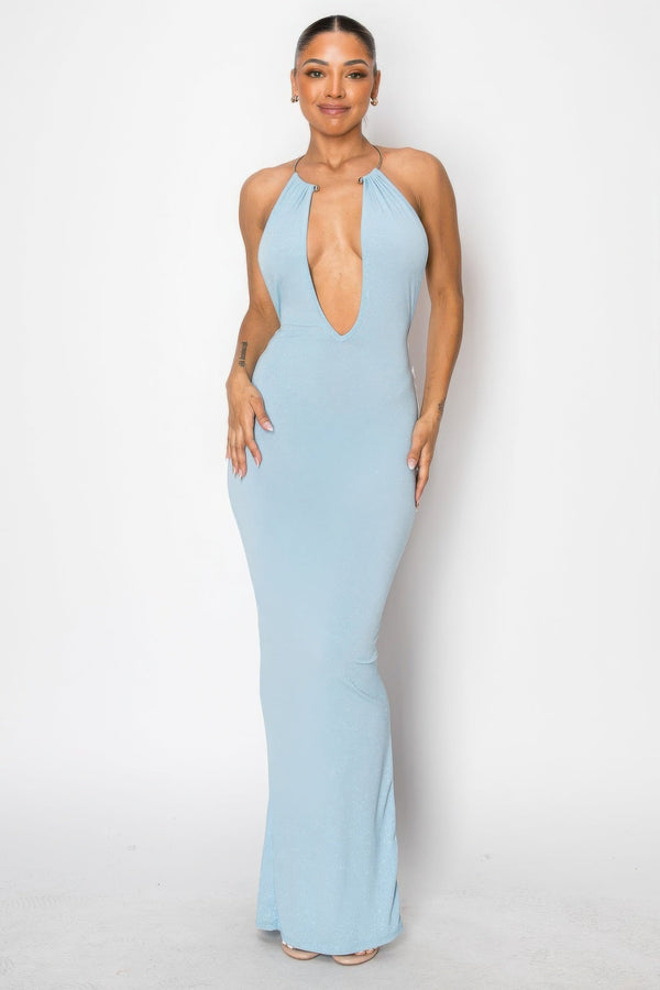 Halter Necklace Trim Long Dress - Dress - SmartBuyApparel
