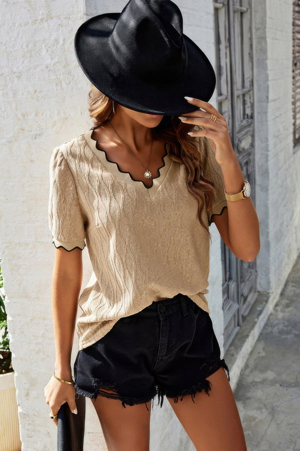 Knit Loose Fit V Neck Solid Drop Shoulder Top - | SmartBuyApparel