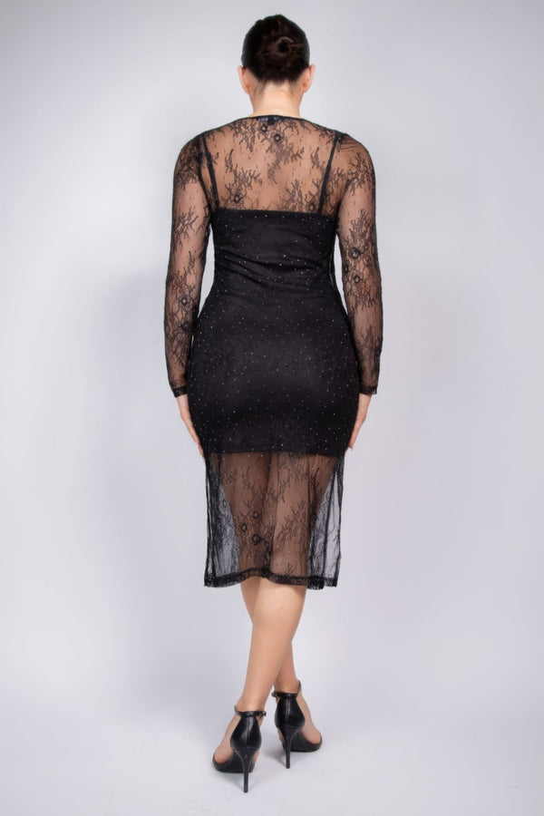 Lace Rhinestone - studded Slit Midi Dress - Dress - SmartBuyApparel