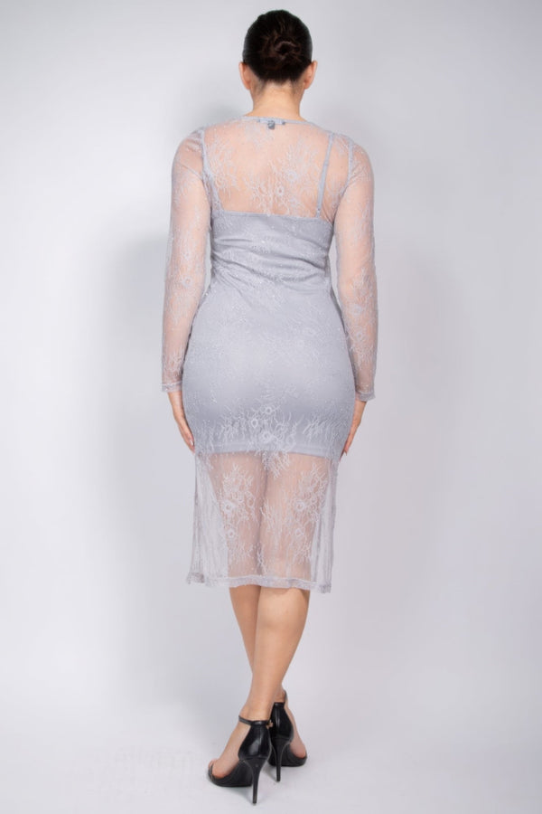 Lace Rhinestone - studded Slit Midi Dress - Dress - SmartBuyApparel