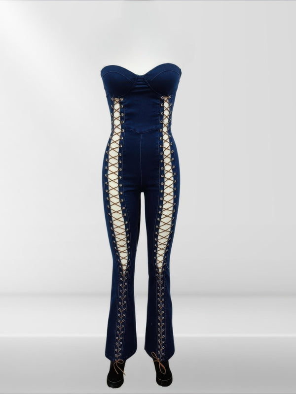 Lace Up Detail Denim Jumpsuit - | SmartBuyApparel