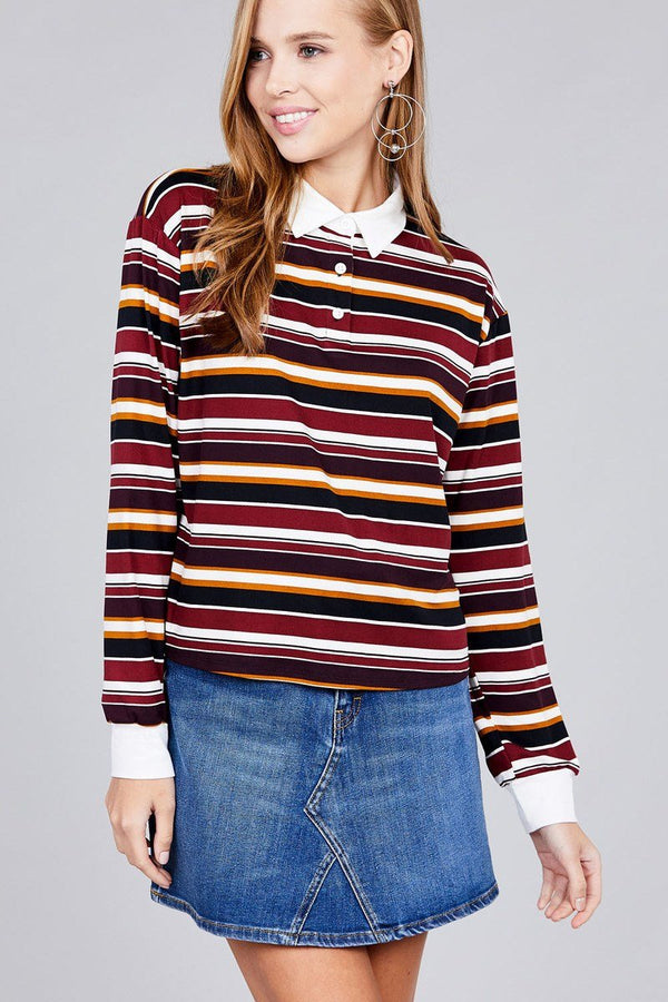 Ladies Fashion Plus Size Long Sleeve Multi Striped DTY Brushed Shirt - Women's shirt - SmartBuyApparel