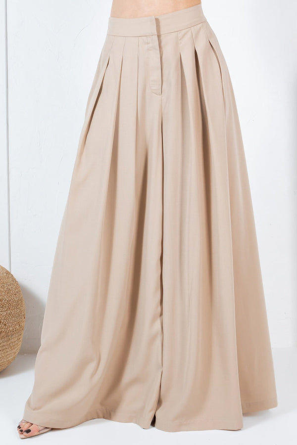 Large Hem Wide Leg Pleated Solid Pants - | SmartBuyApparel