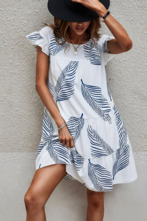 Leaf Print Loose Fit Color Block Sleeves Ruffle Dress - | SmartBuyApparel