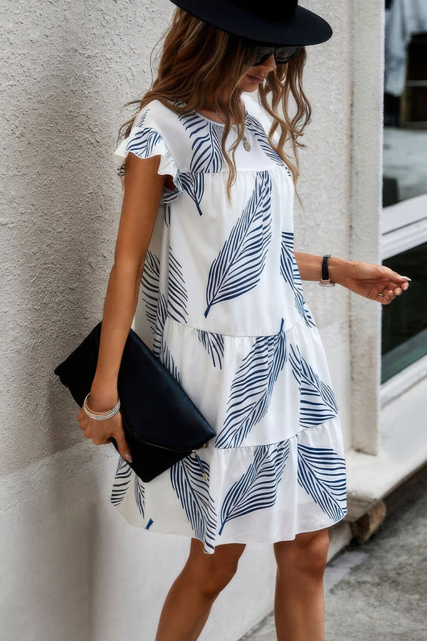 Leaf Print Loose Fit Color Block Sleeves Ruffle Dress - | SmartBuyApparel