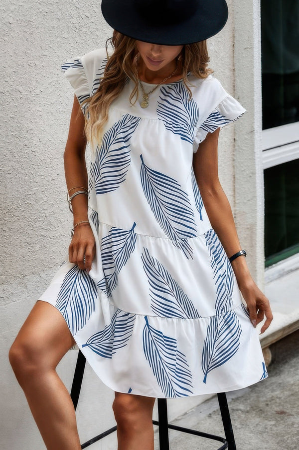 Leaf Print Loose Fit Color Block Sleeves Ruffle Dress - | SmartBuyApparel
