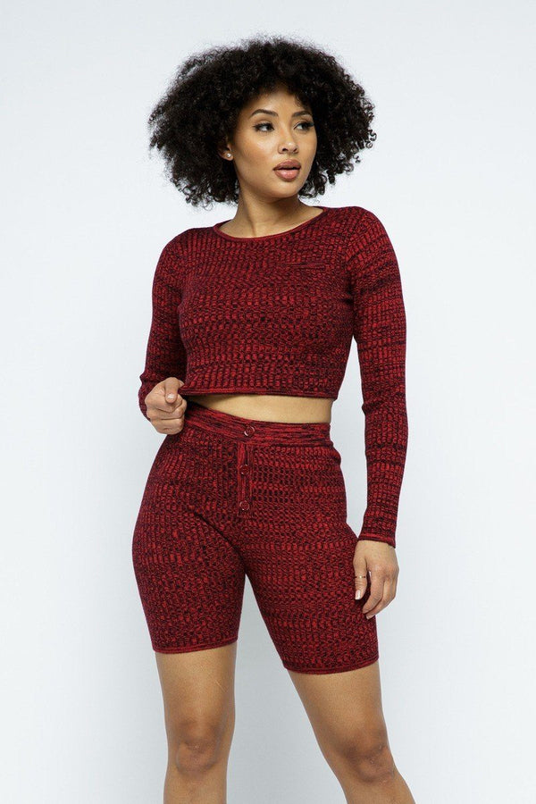 Long Sleeve Cropped Top Knit High - Waist Biker Shorts Set - Women's set - SmartBuyApparel