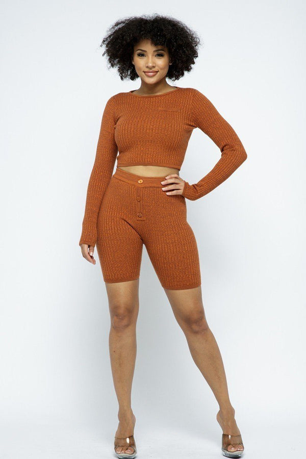 Long Sleeve Cropped Top Knit High - Waist Biker Shorts Set - Women's set - SmartBuyApparel