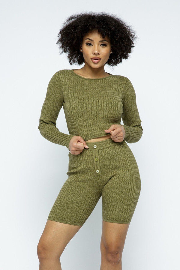 Long Sleeve Cropped Top Knit High - Waist Biker Shorts Set - Women's set - SmartBuyApparel