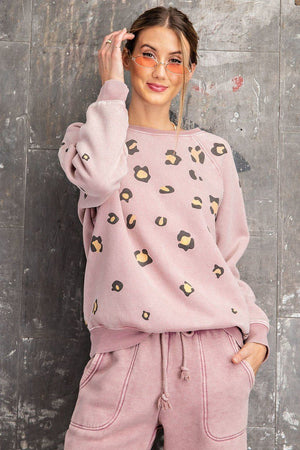 Long Sleeve Leopard Print Washed Terry Sweatshirt - women's sweatshirt - SmartBuyApparel